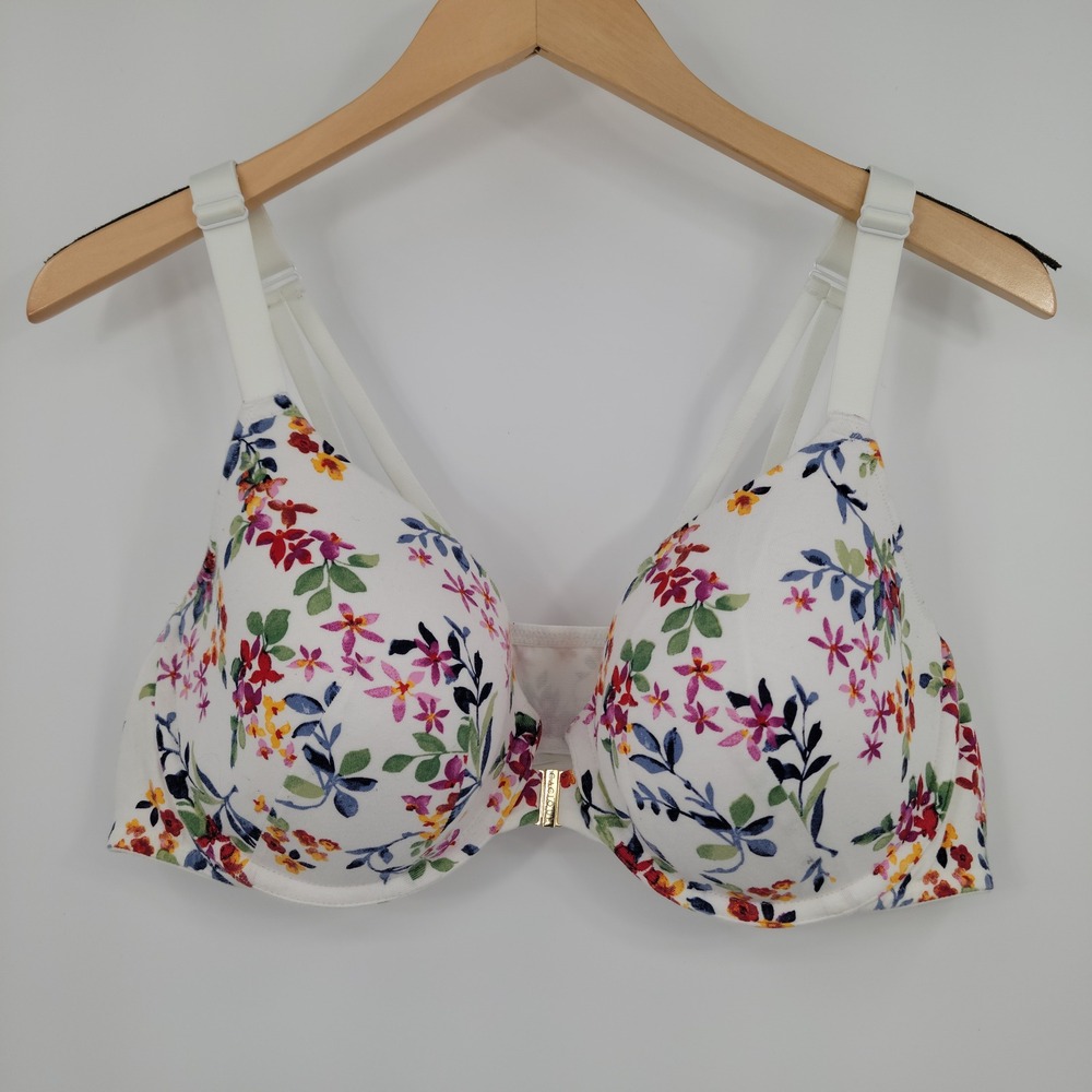 Cacique Lightly Lined T-Shirt Bra Women 42D White Floral Front Close Underwire